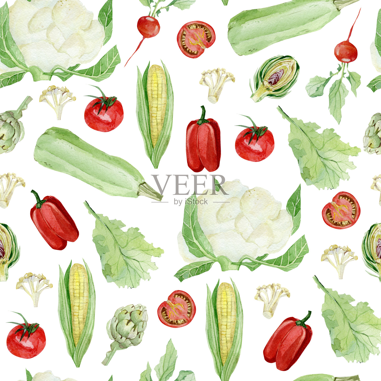 水彩可爱无缝图案与手绘蔬菜。健康生态食品绘画织物，包装纸，剪贴纸，设计菜单，素食博客，网页路径设计食谱。插画图片素材