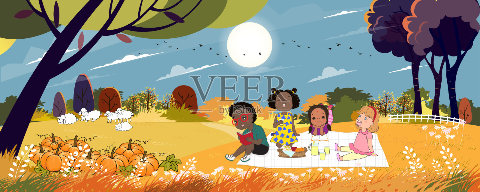 可爱的卡通一群孩子在公园野餐在阳光明媚的秋天，孩子们坐在毯子上吃食物为他们的午餐。中秋节插画图片素材