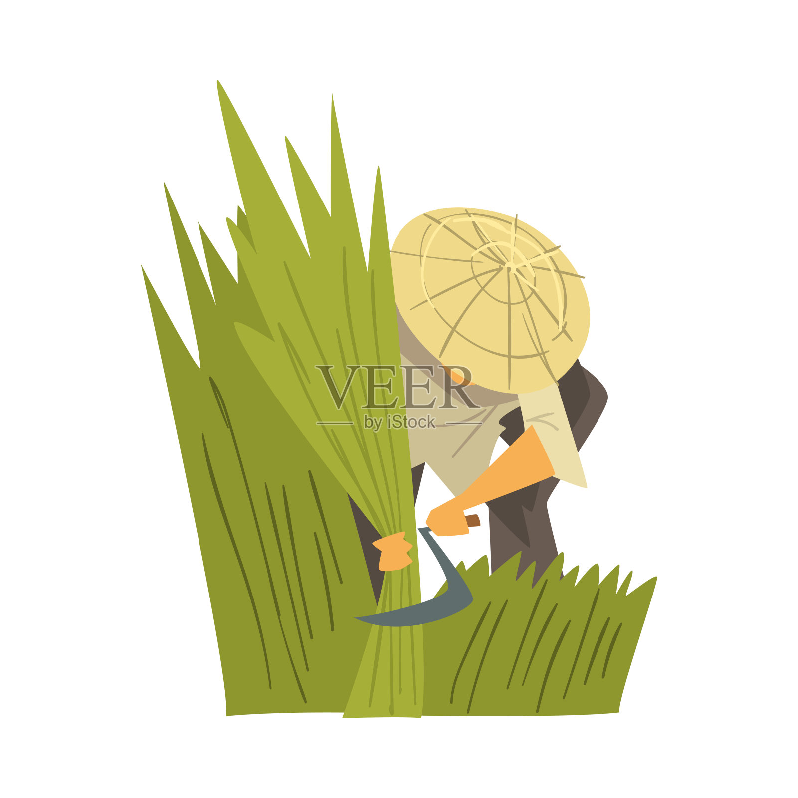 亚洲农民戴着草帽收割水稻，农民角色在田间工作，卡通风格矢量插图设计元素图片