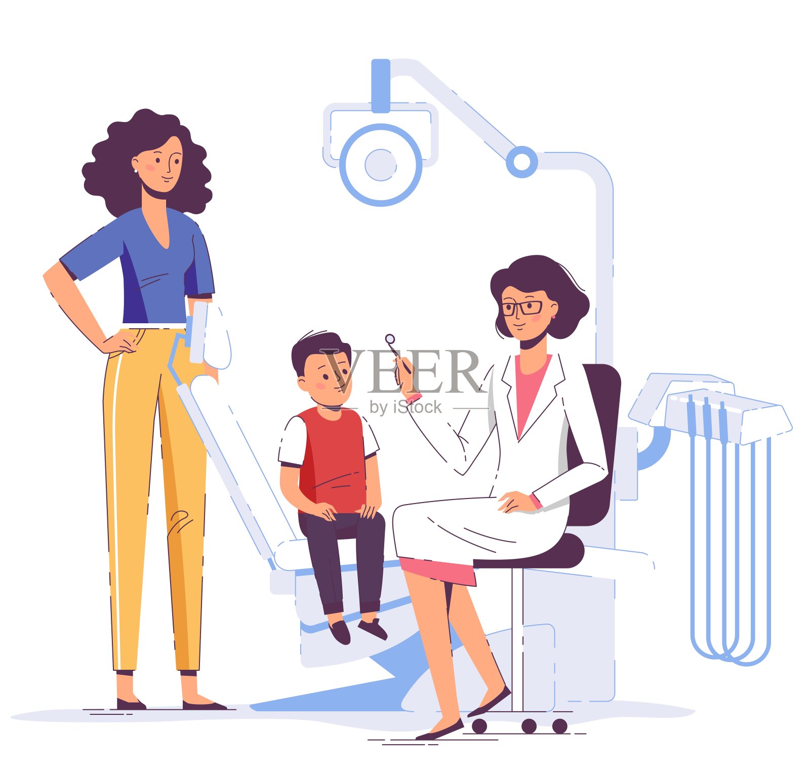 家庭医学牙科概念。牙科医生，母亲和孩子在牙科诊所。插画图片素材