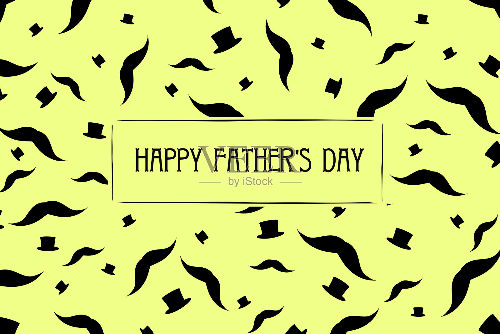 父亲节快乐背景。黄色背景上的胡子和帽柱。贺卡插画图片素材