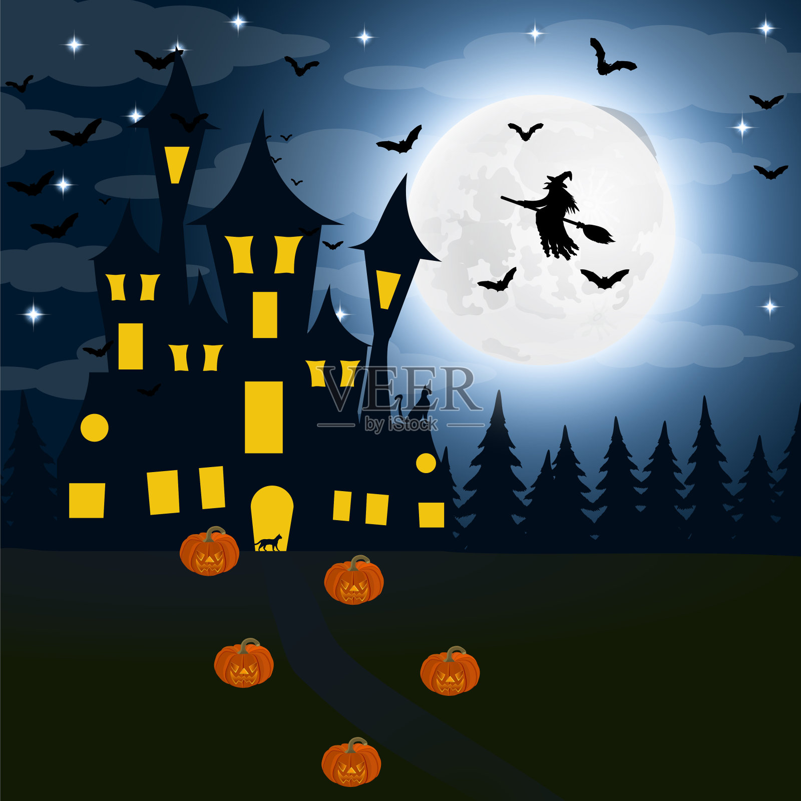 万圣节，女巫的房子在满月。蝙蝠插画图片素材