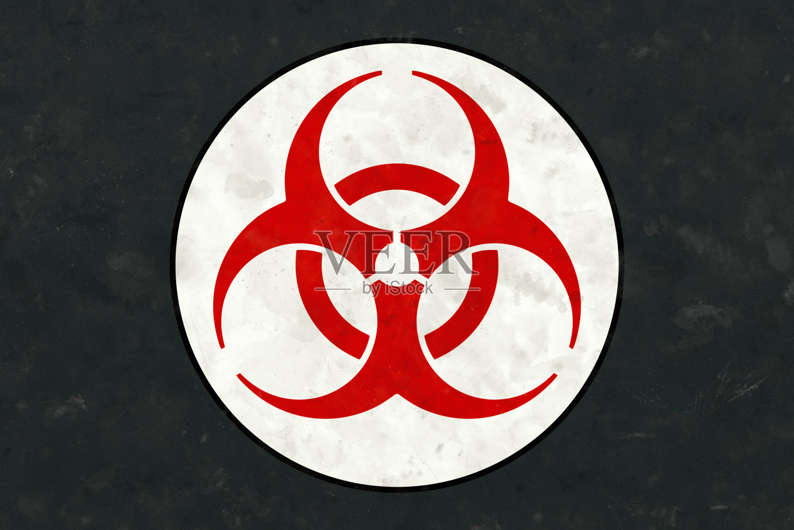 简单的红色生物危害标志设计剪影内的白色圆圈，在黑暗和肮脏的背景插画图片素材