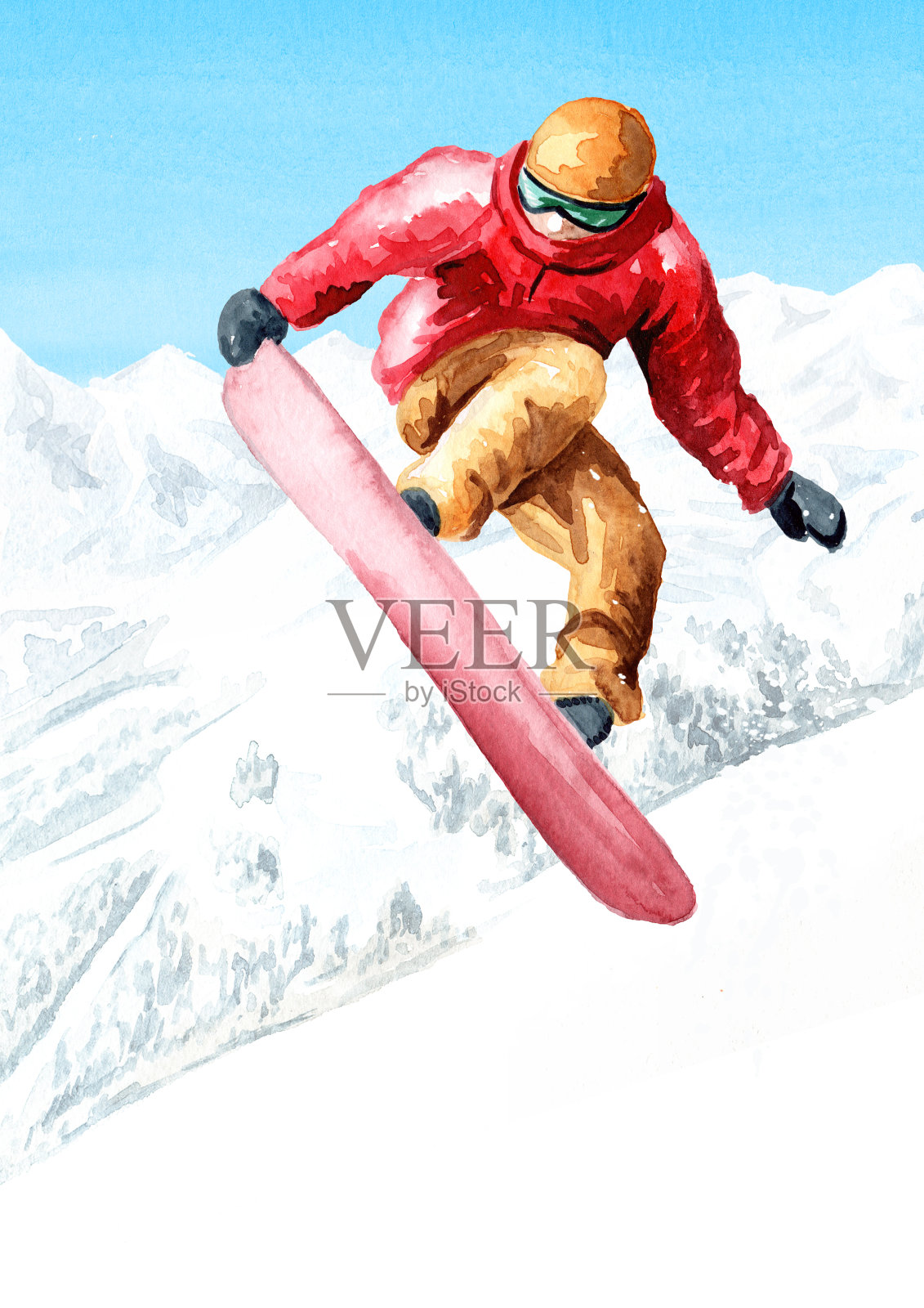 年轻的滑雪板跳跃与滑雪板从雪山滑雪场，冬季娱乐和度假的概念。手绘水彩插图和背景与复制空间插画图片素材