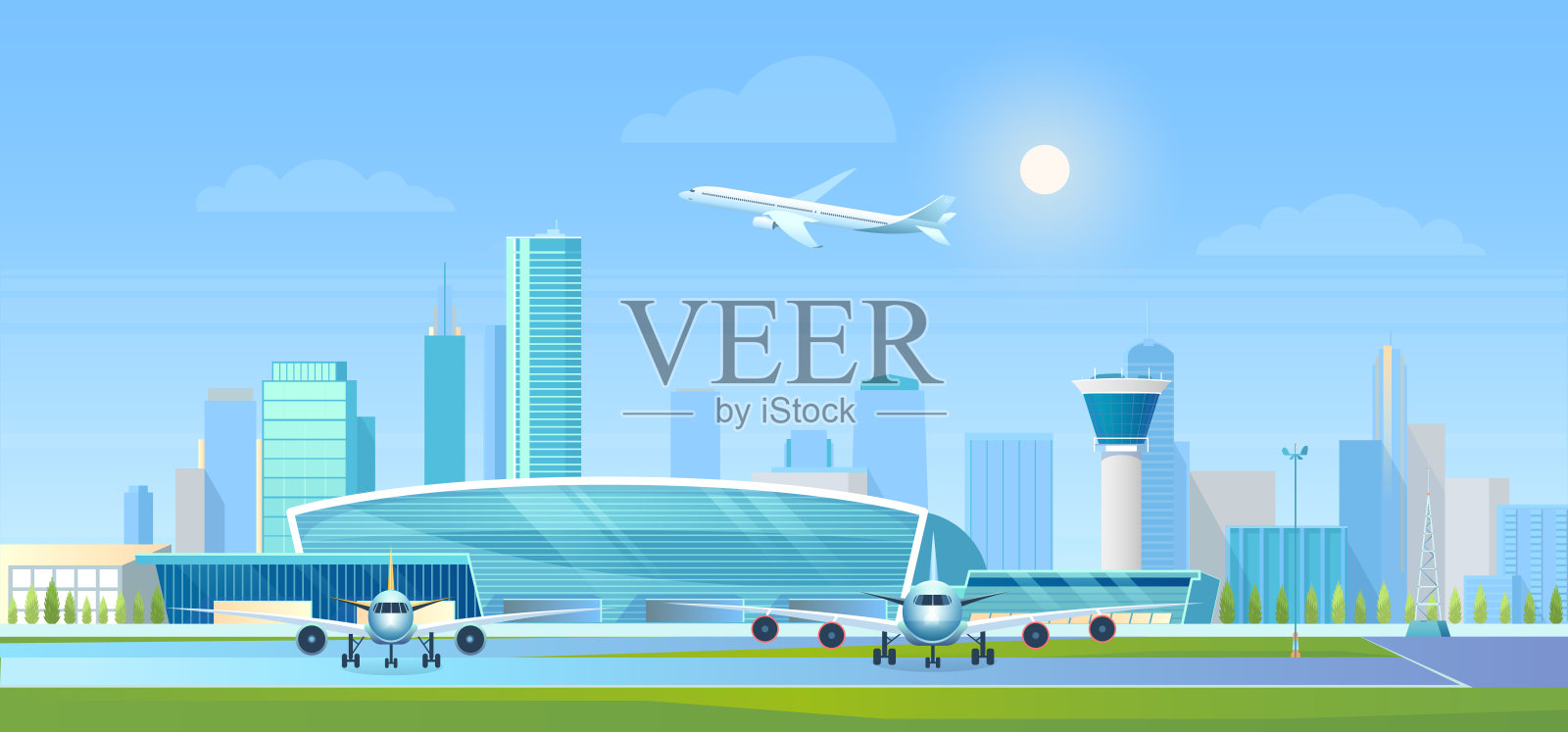 城市机场矢量插图，卡通平面现代城市景观商业摩天大楼，机场航站楼和空中交通管制塔，飞机跑道上插画图片素材