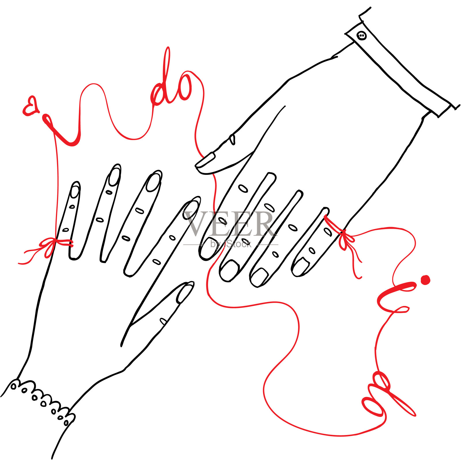 男人和女人的手用红色的绳子连接着，上面写着“我愿意”。插画图片素材