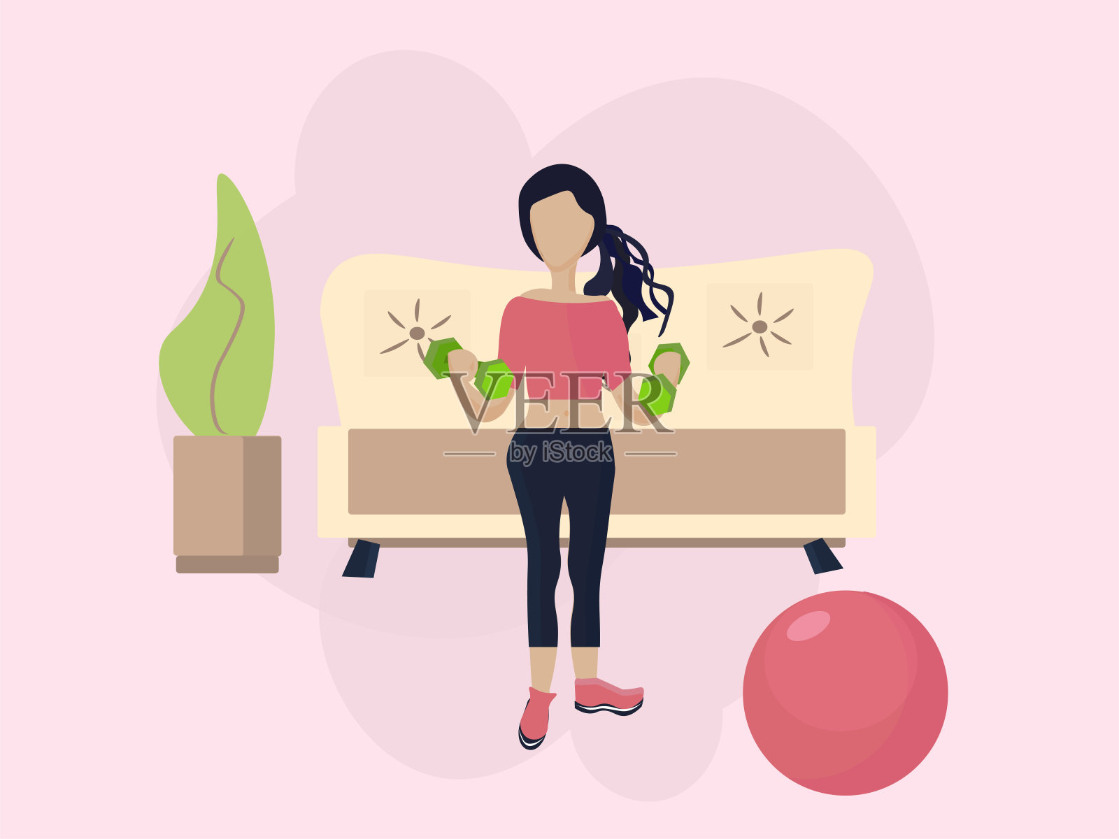 一个女人在用哑铃和健身球做家庭训练。插画图片素材