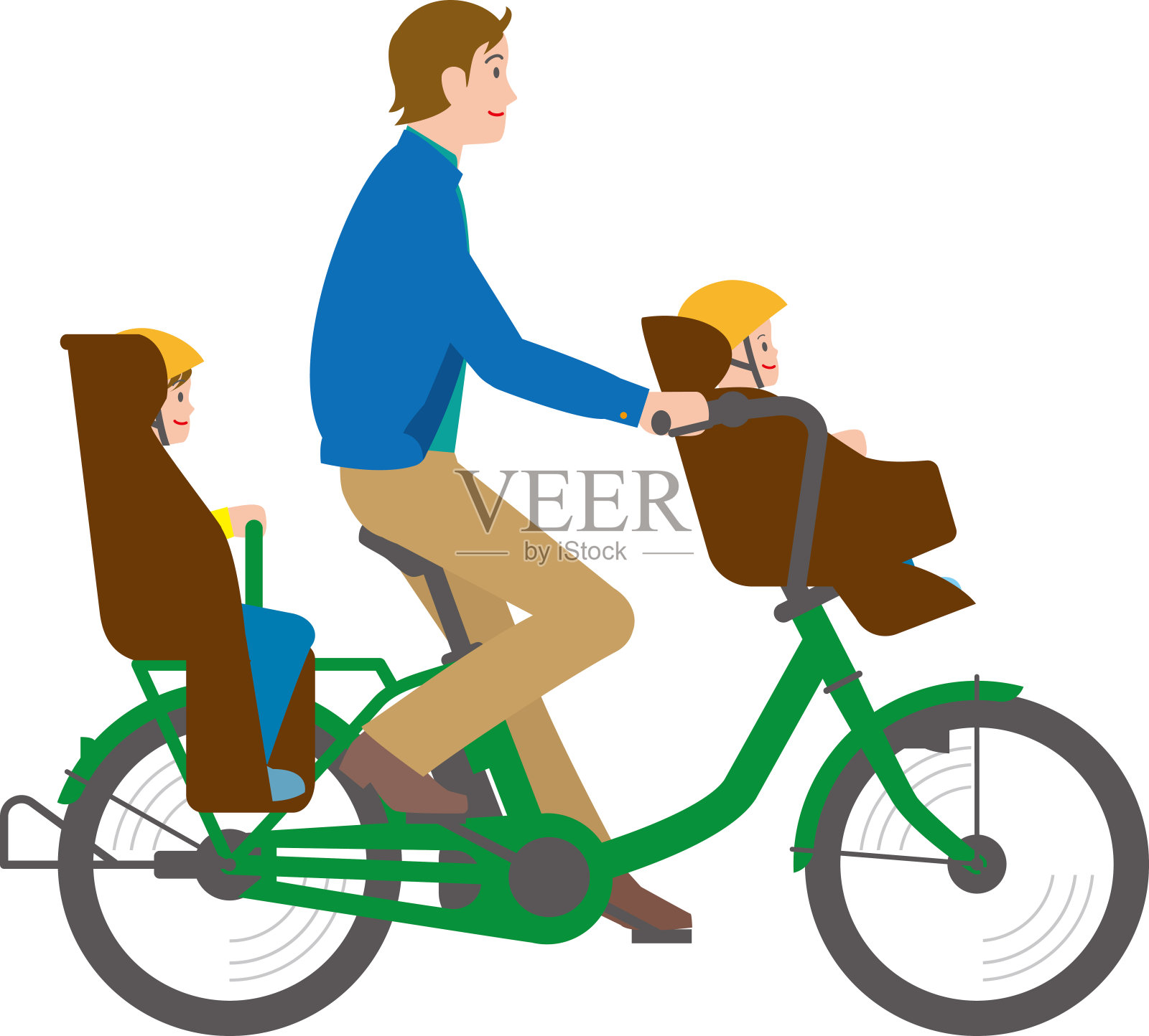 一位父亲骑着电动辅助自行车带着两个孩子插画图片素材