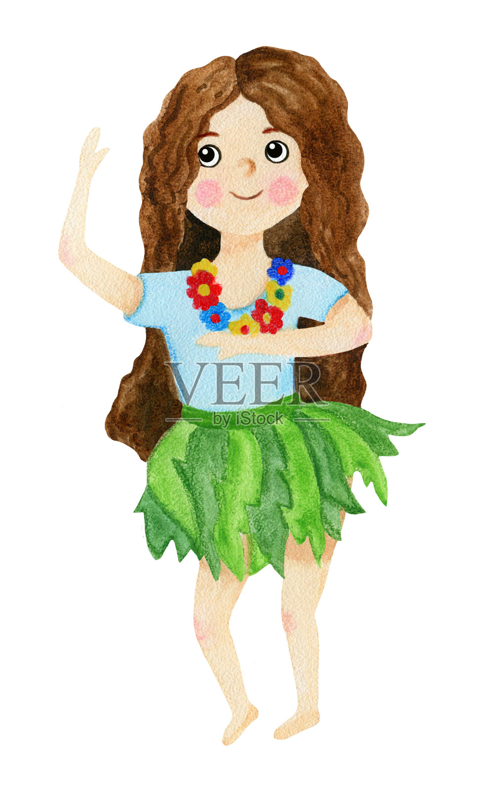 一个身穿棕榈树裙子的黑发女孩，在花中跳着夏威夷舞。插画图片素材