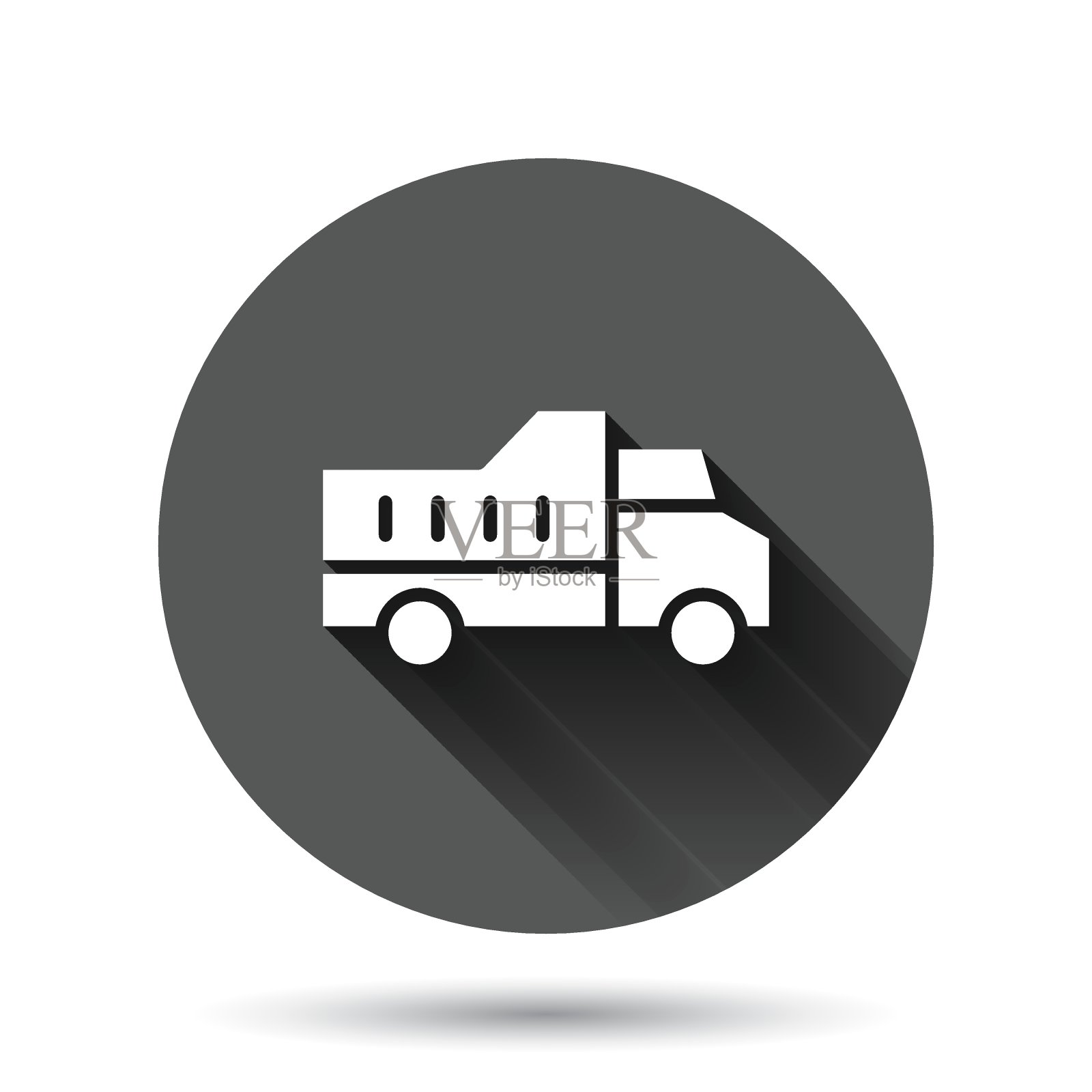货车图标在平坦的风格。矢量图上的黑色圆形背景和长阴影效果。钮扣货车圈经营理念。插画图片素材
