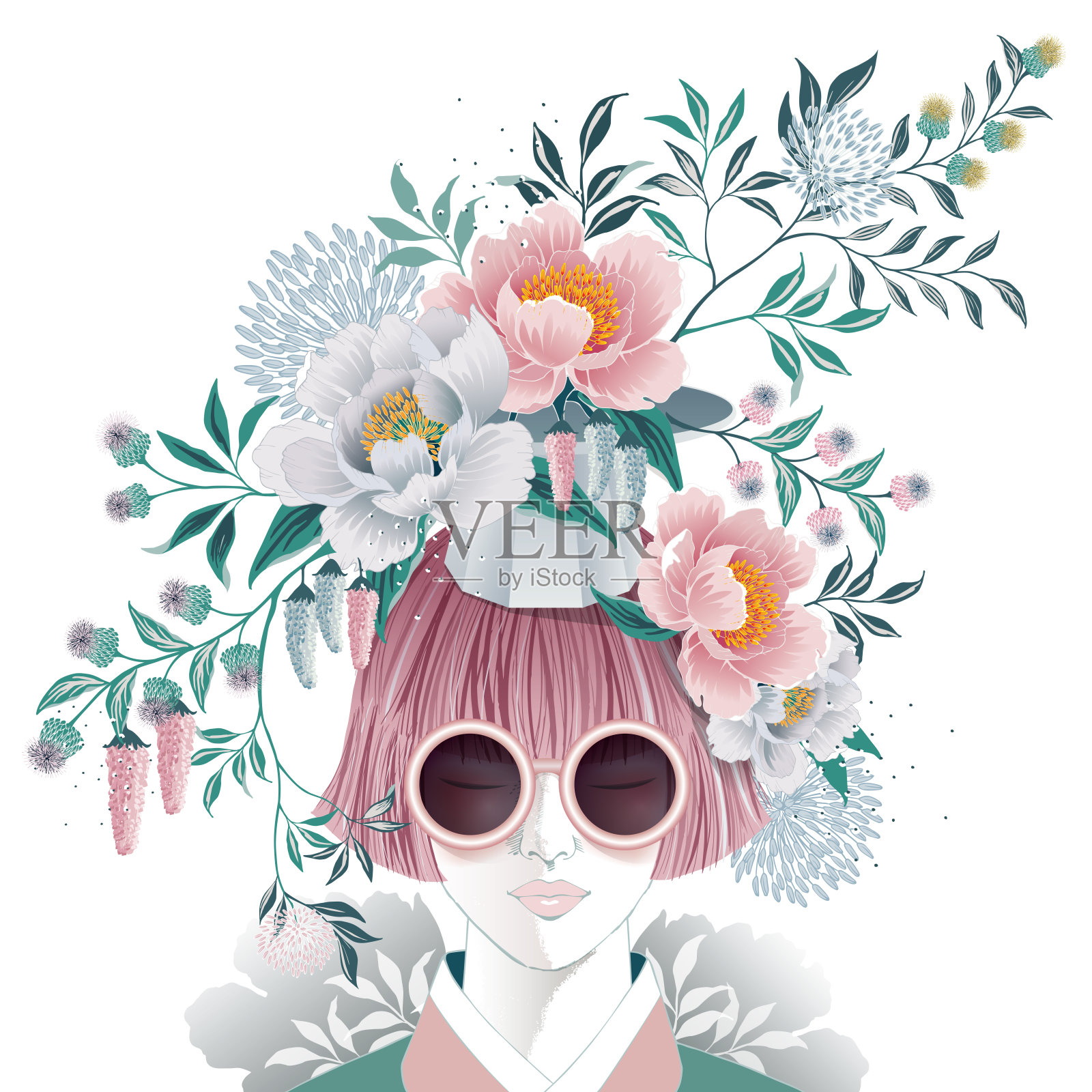 矢量插图的短发女孩与花在她的头上，韩国传统容器装饰与花。插画图片素材
