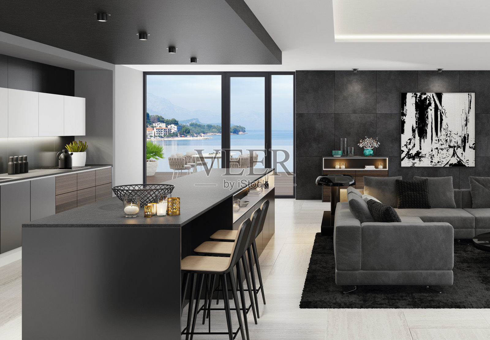 豪华的黑色室内客厅与现代极简主义意大利风格的开放式空间厨房与大长厨房岛。照片摄影图片