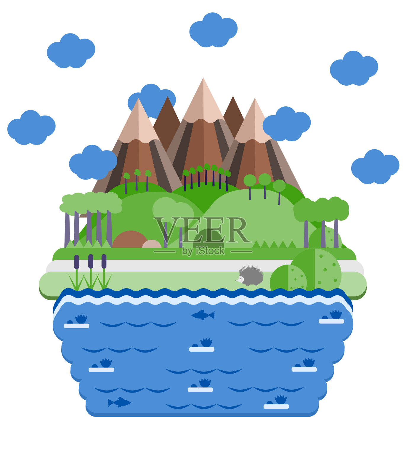 景观插图。高山瀑布和湖泊。平面设计的明信片。白色背景。设计元素图片