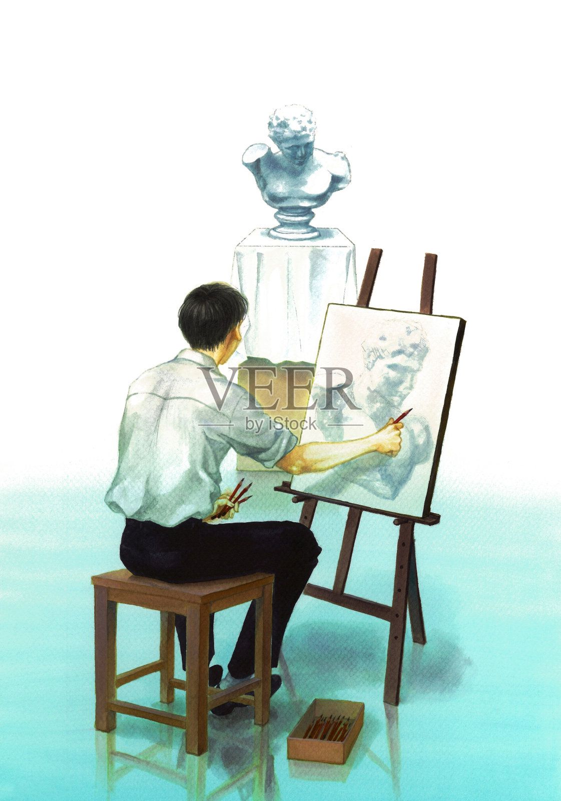 一个年轻人正在画一个石膏像插画图片素材