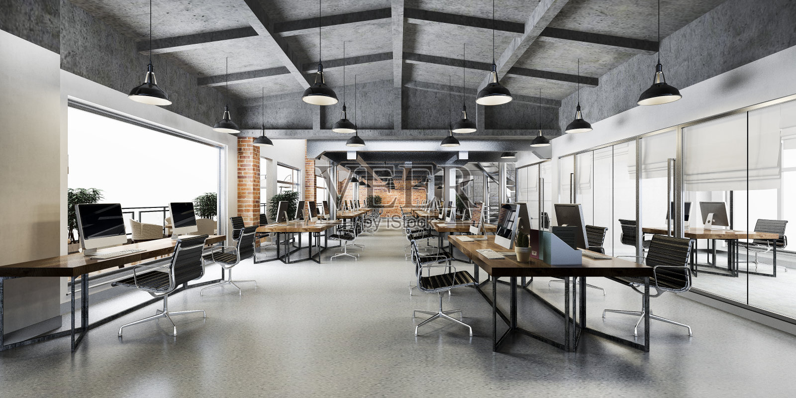 工业阁楼式办公仓库的商务会议和工作室3d渲染照片摄影图片