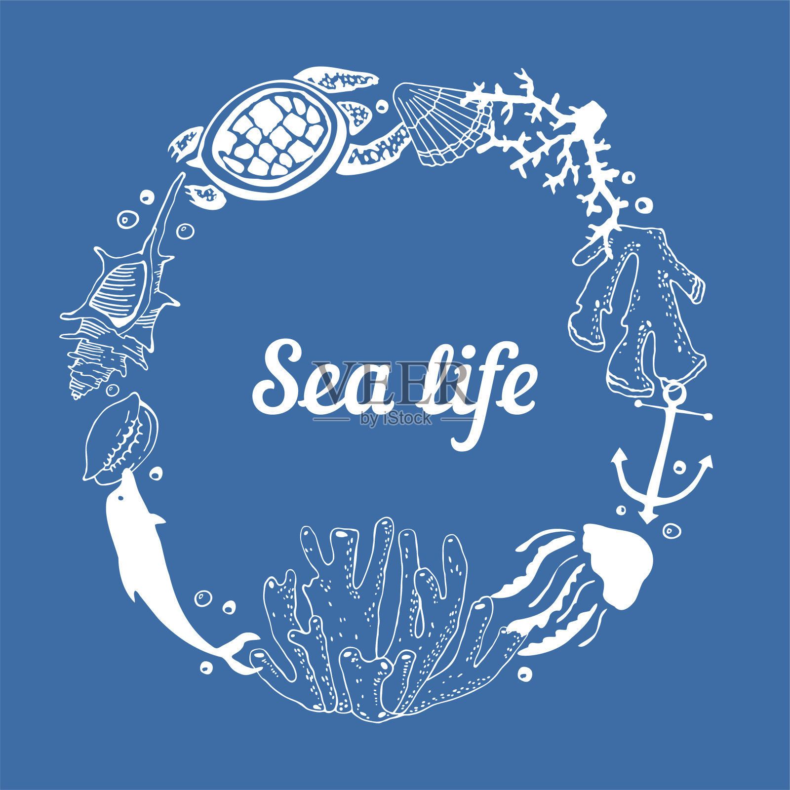 圆形框架与海洋动物和珊瑚。手绘矢量草图插图插画图片素材