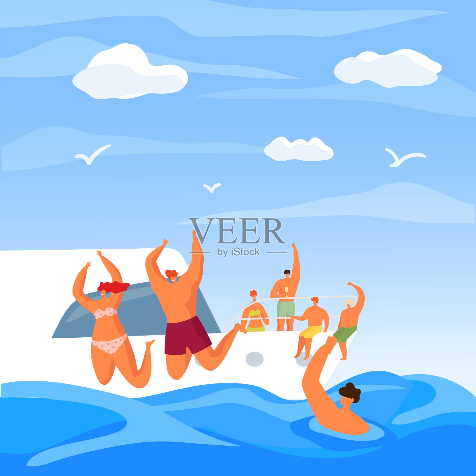 夏日游艇派对，海上奢华度假矢量插画。豪华远洋游轮旅行，假日冒险。男人女人插画图片素材
