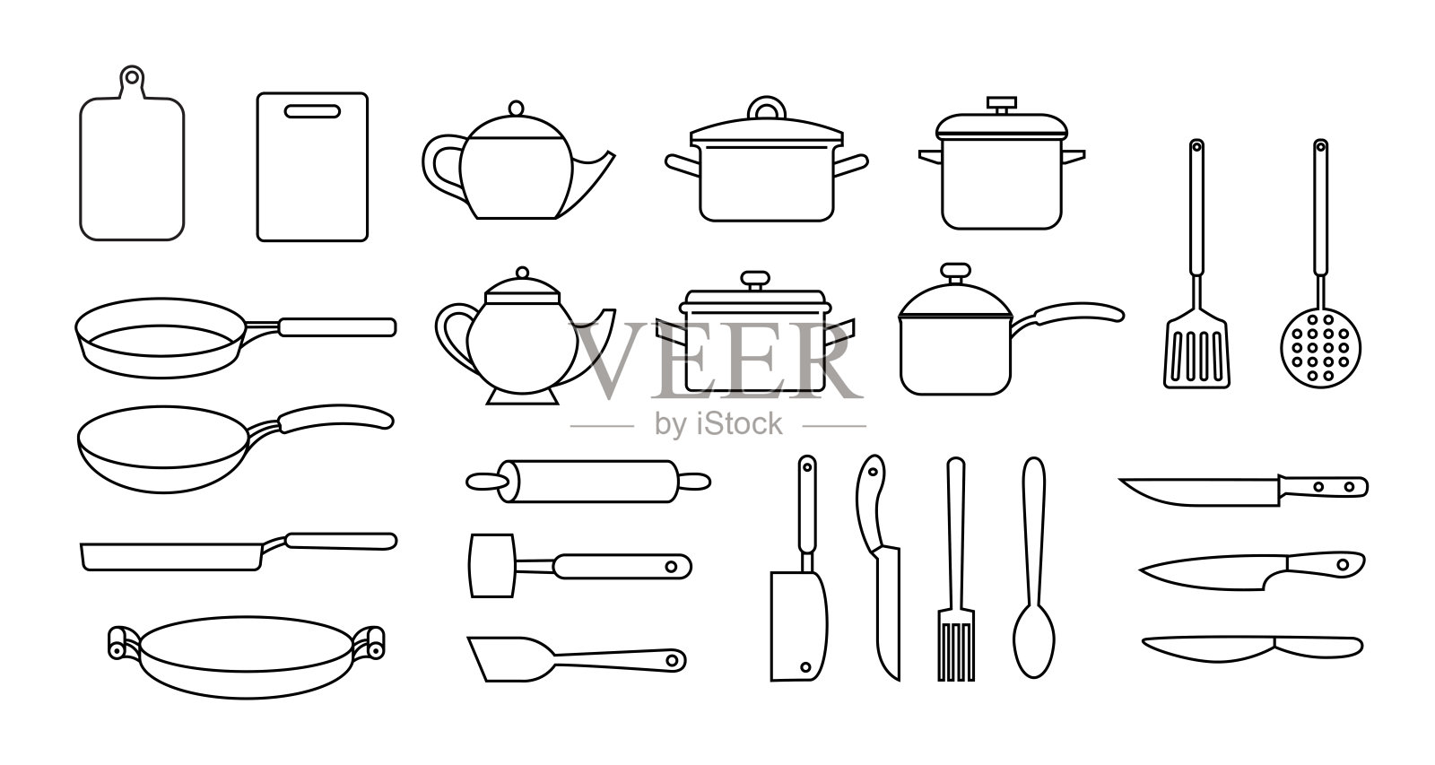 厨房用具，黑色轮廓套，插画图片素材