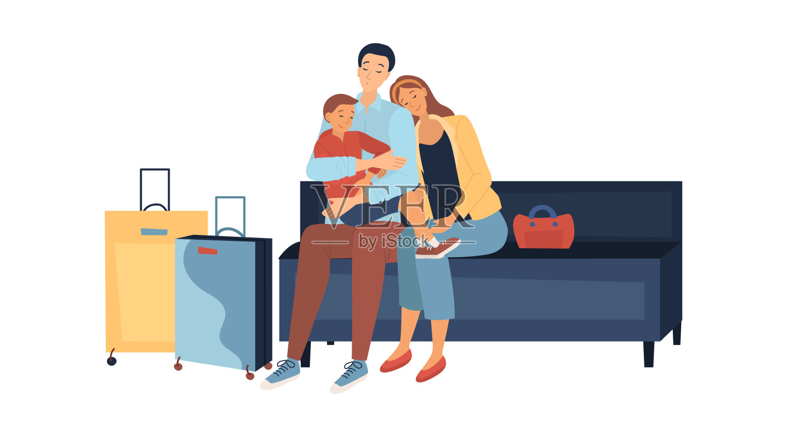 家庭旅游的概念。带着行李一起旅行的人。带孩子的父母在机场候机时睡着了。父亲拥抱儿子。卡通平面矢量插图插画图片素材