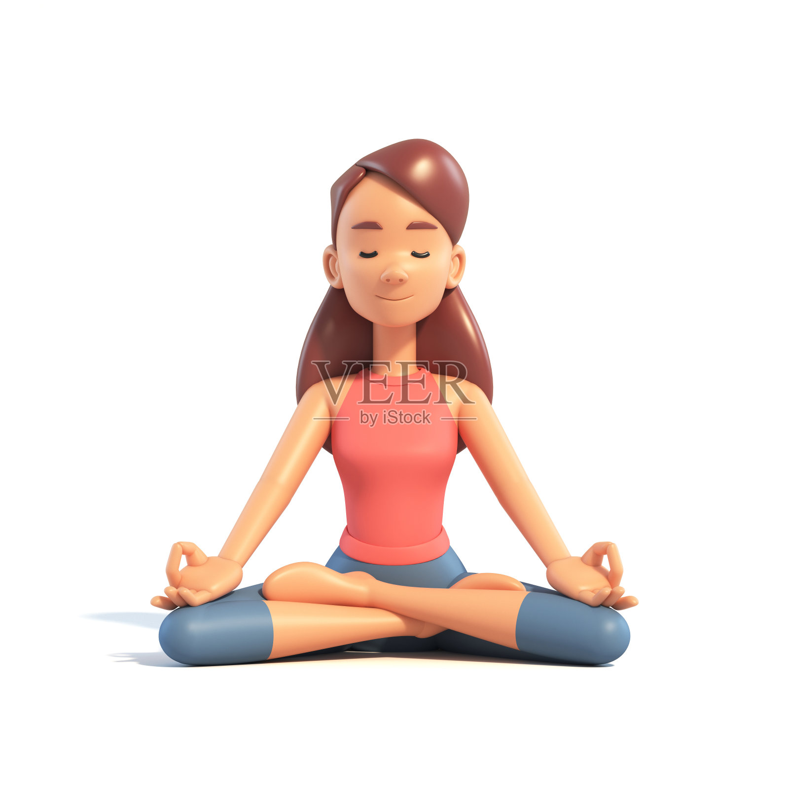 瑜伽女孩冥想，卡通女性3d角色做瑜伽在白色的背景，3d渲染照片摄影图片