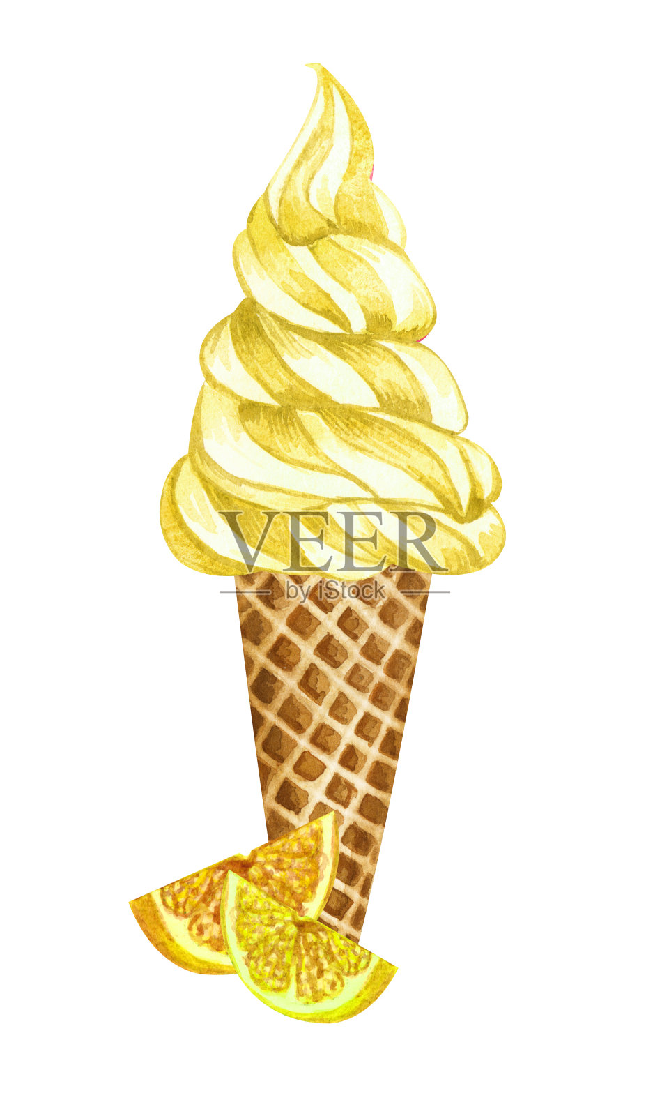 水彩柠檬冰淇淋蛋筒孤立在白色背景。手绘插图新鲜柠檬片和一个黄色冰淇淋在华夫蛋筒。设计元素图片