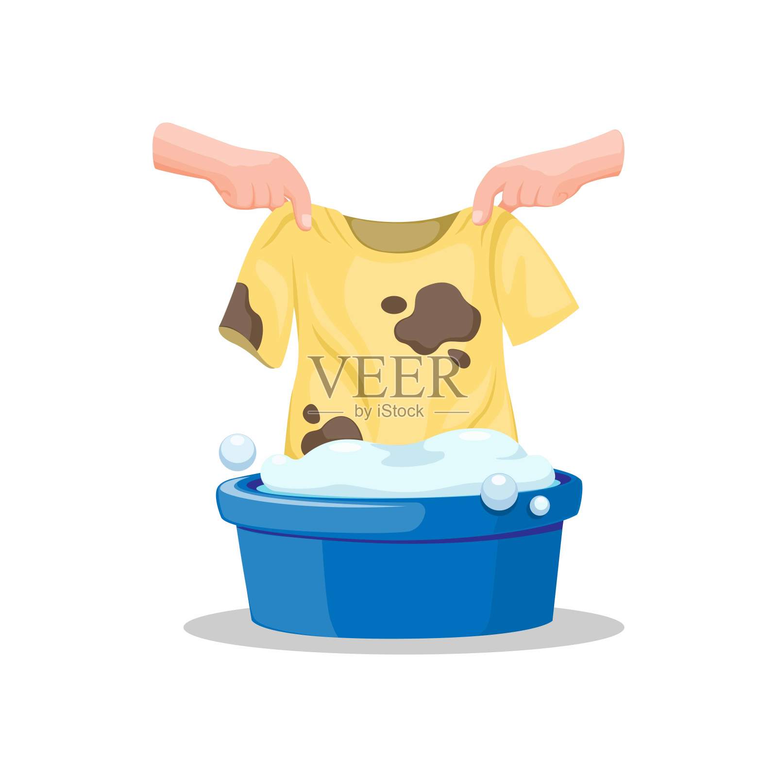 手把脏t恤在水桶满肥皂的洗涤剂，洗涤衣服符号在卡通插图矢量在白色的背景设计元素图片