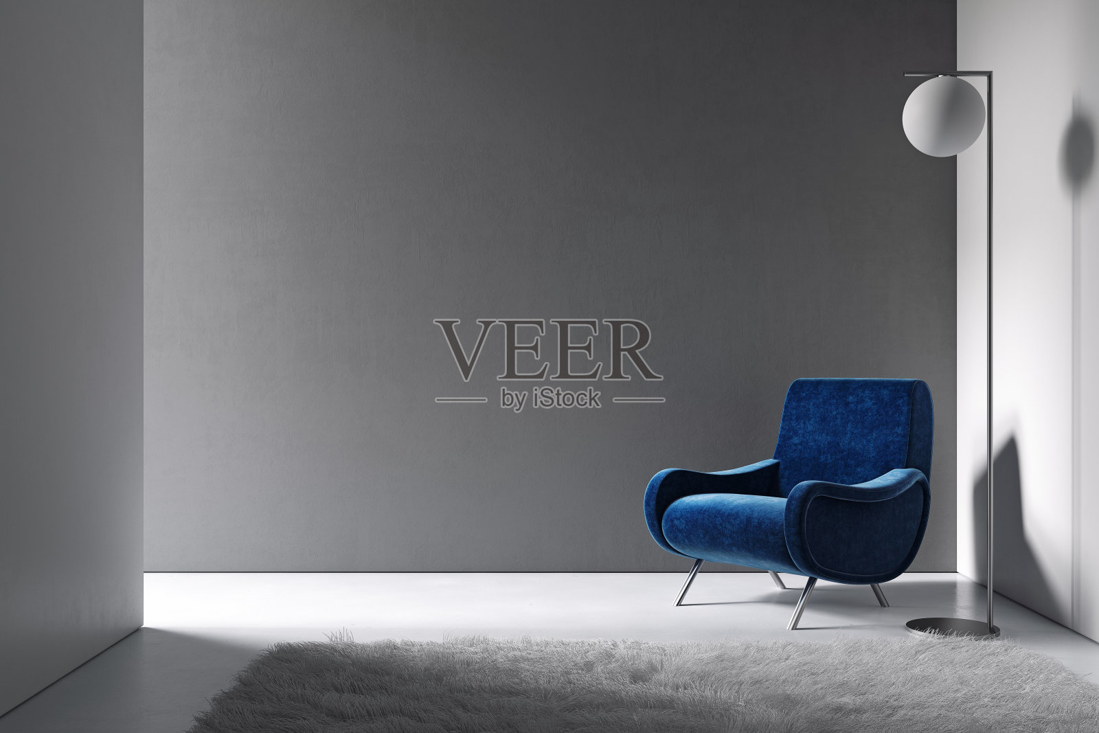 灰色简约主义室内设计，蓝色扶手椅，落地灯和地毯。3d渲染插图模拟。照片摄影图片
