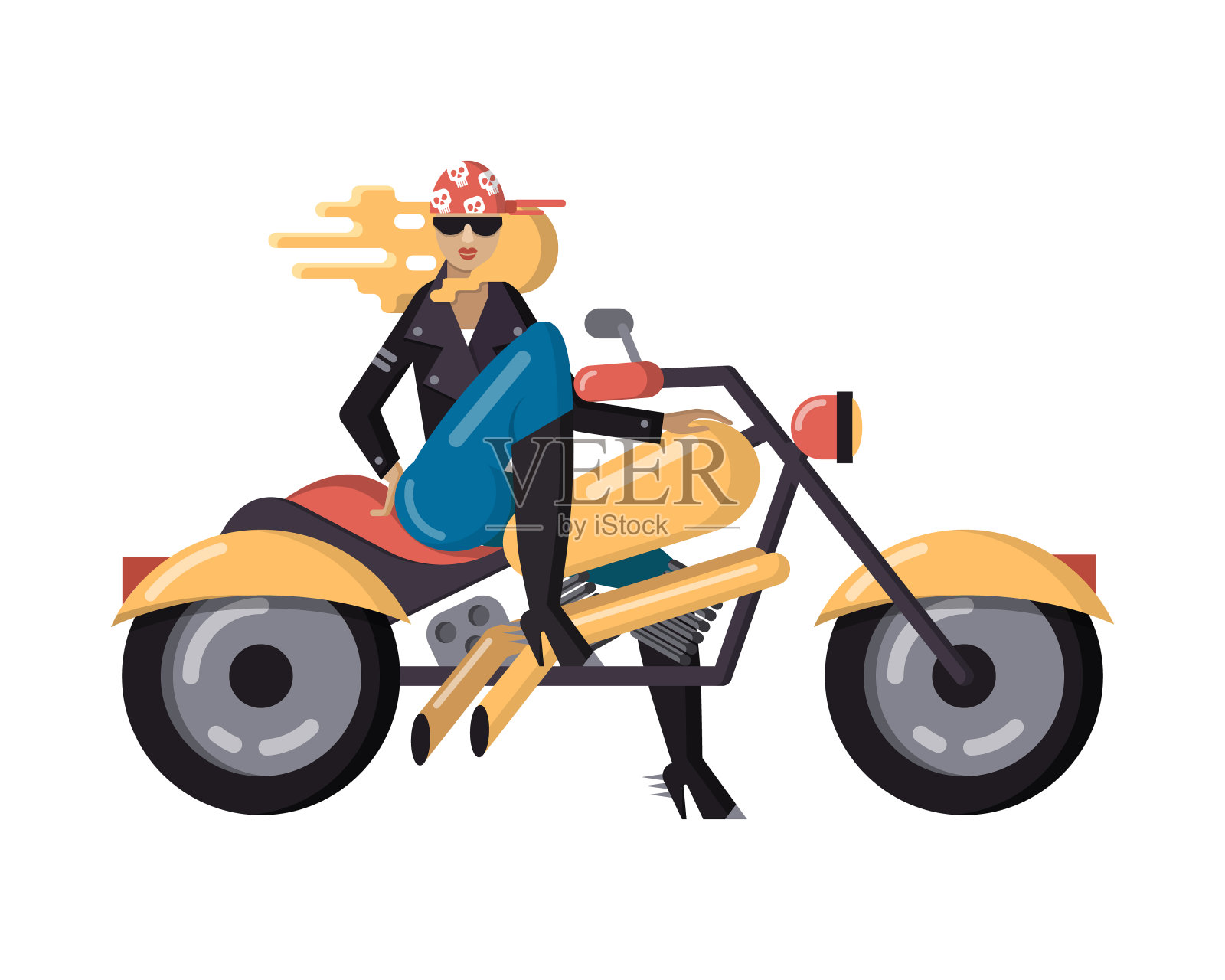 性感的女性摩托车车手在红色的头巾与头骨的形象，皮夹克，墨镜和牛仔裤摆姿势在强大的经典摩托车插画图片素材