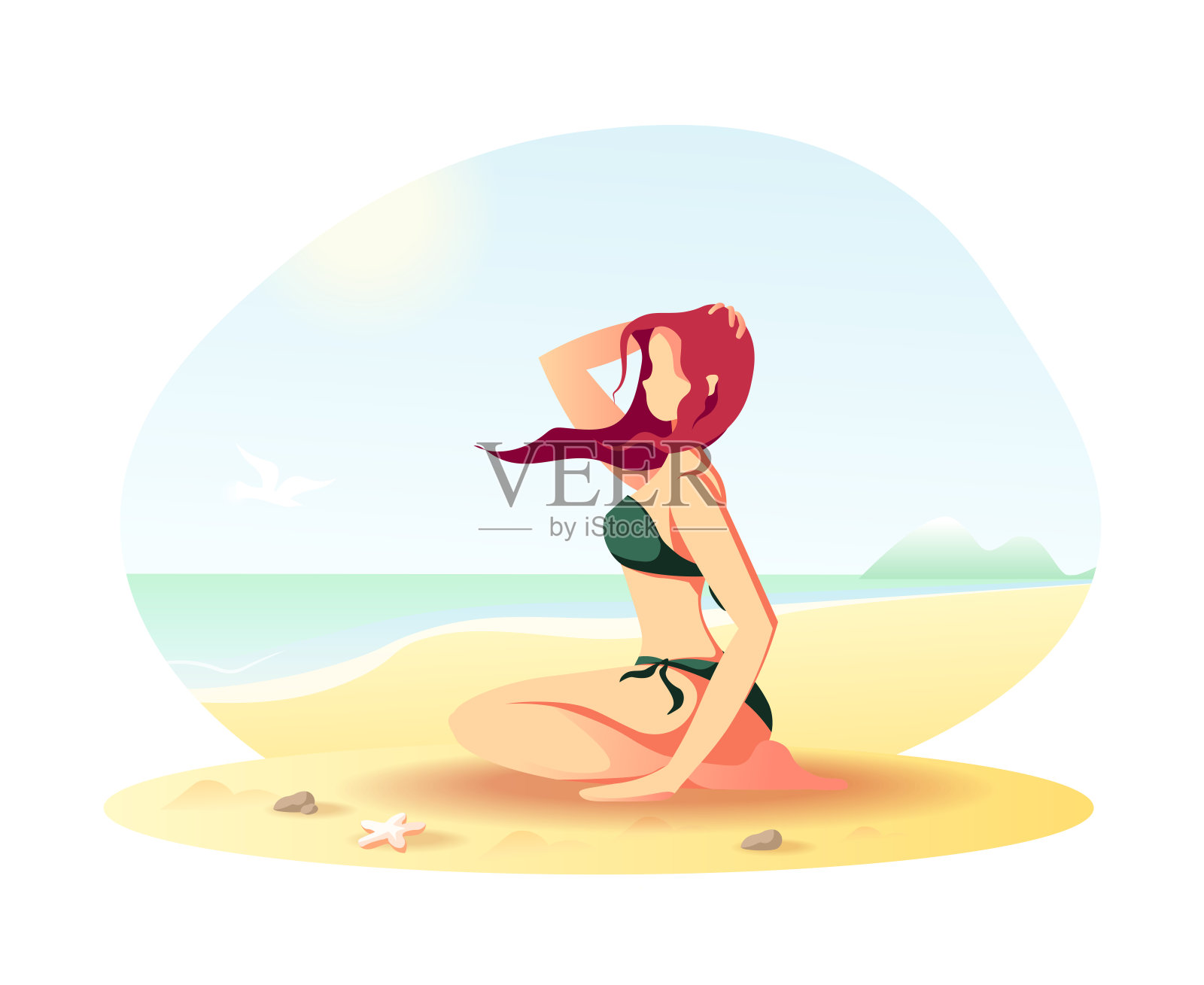 坐在沙滩上的女人。设计元素图片
