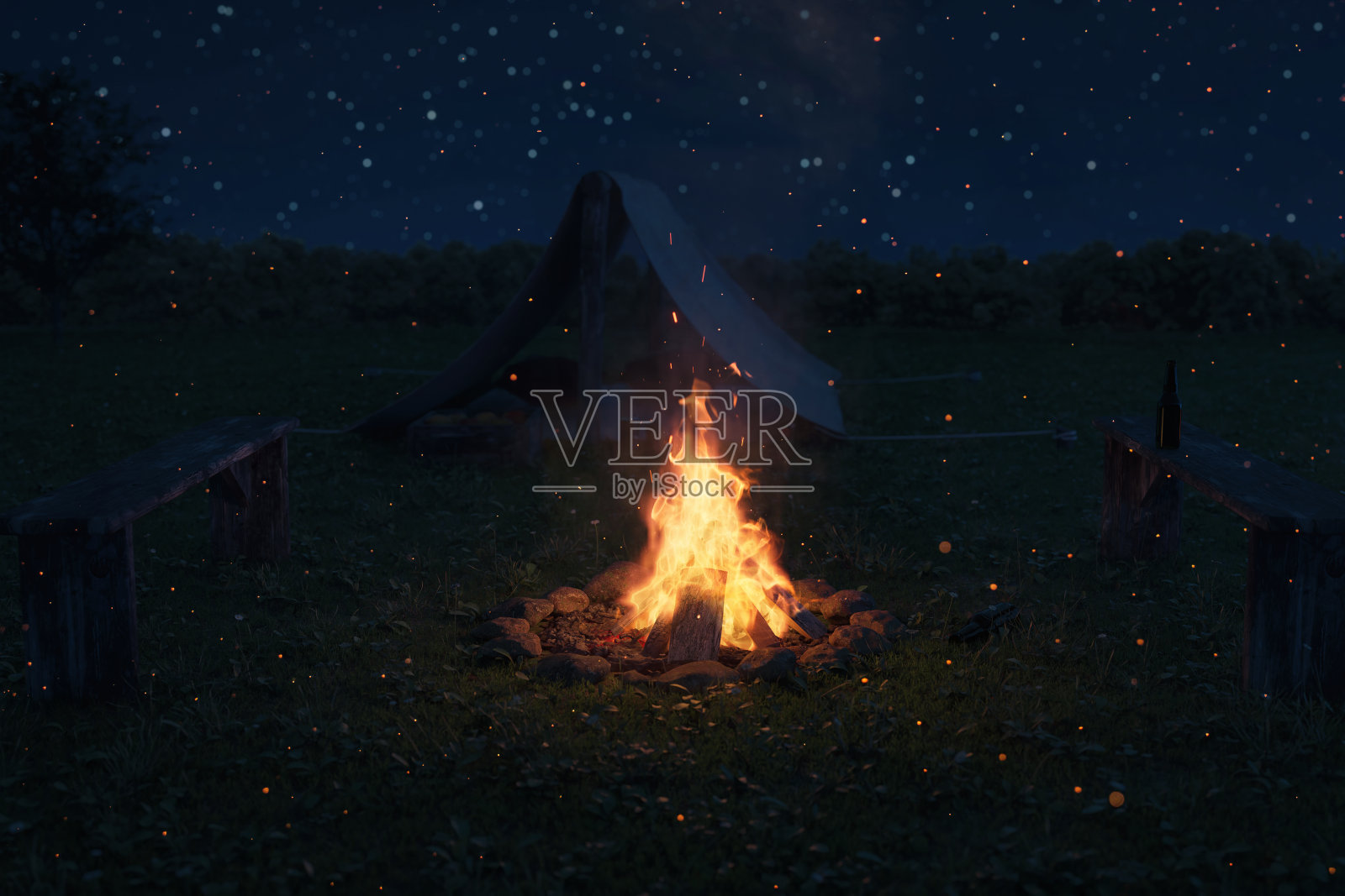 在森林和星空前的传统帐篷旁的篝火的3d渲染照片摄影图片