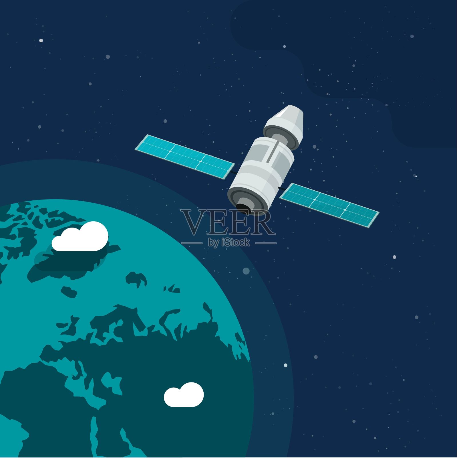 卫星飞船在外太空轨道地球行星矢量插图平面卡通，空间站在宇宙中环绕世界飞行或宇宙特写插画图片素材