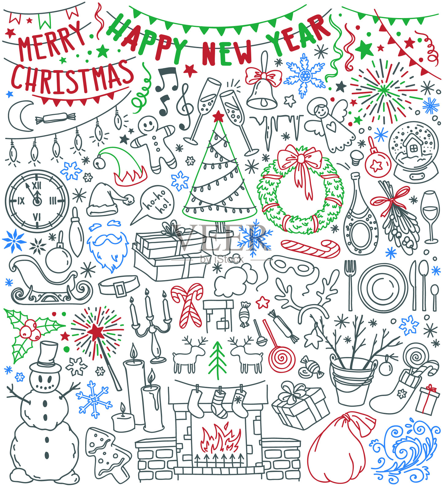新年快乐，圣诞快乐的涂鸦集。圣诞树，壁炉长袜，礼品盒，雪花，圣诞花环，派对装饰。插画图片素材