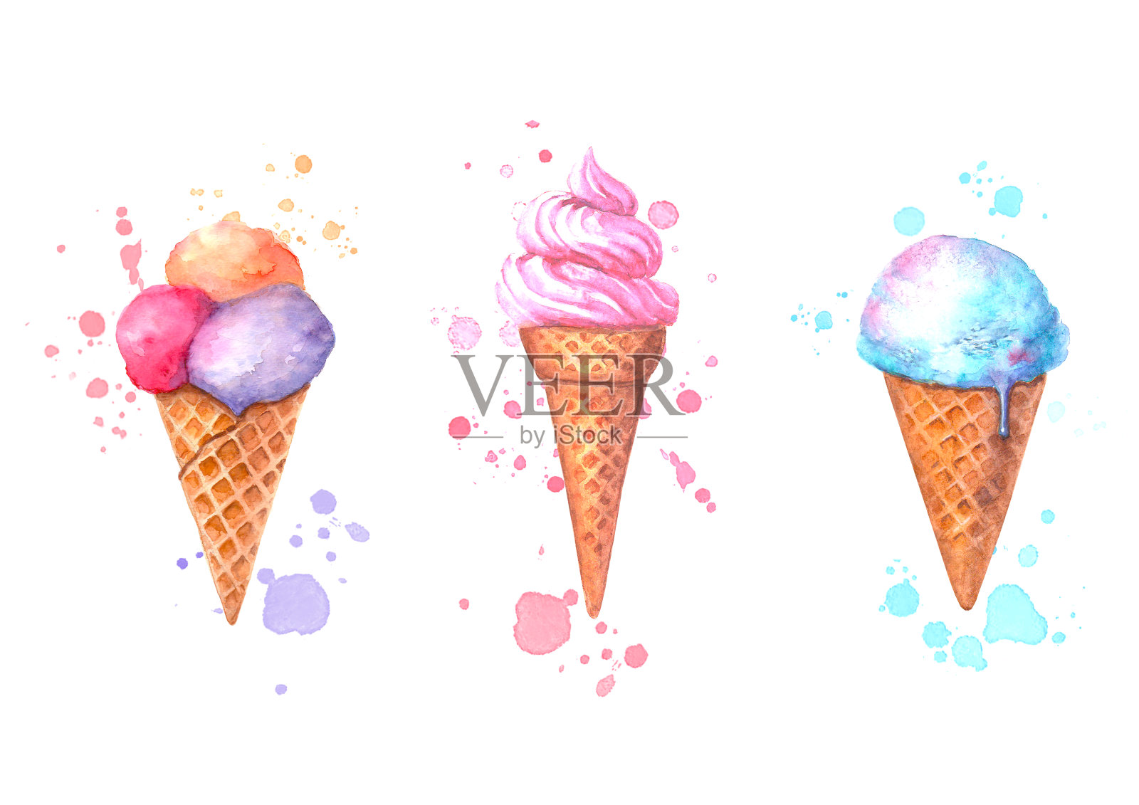 一套水彩冰淇淋在华夫蛋筒与飞溅孤立在白色背景设计元素图片