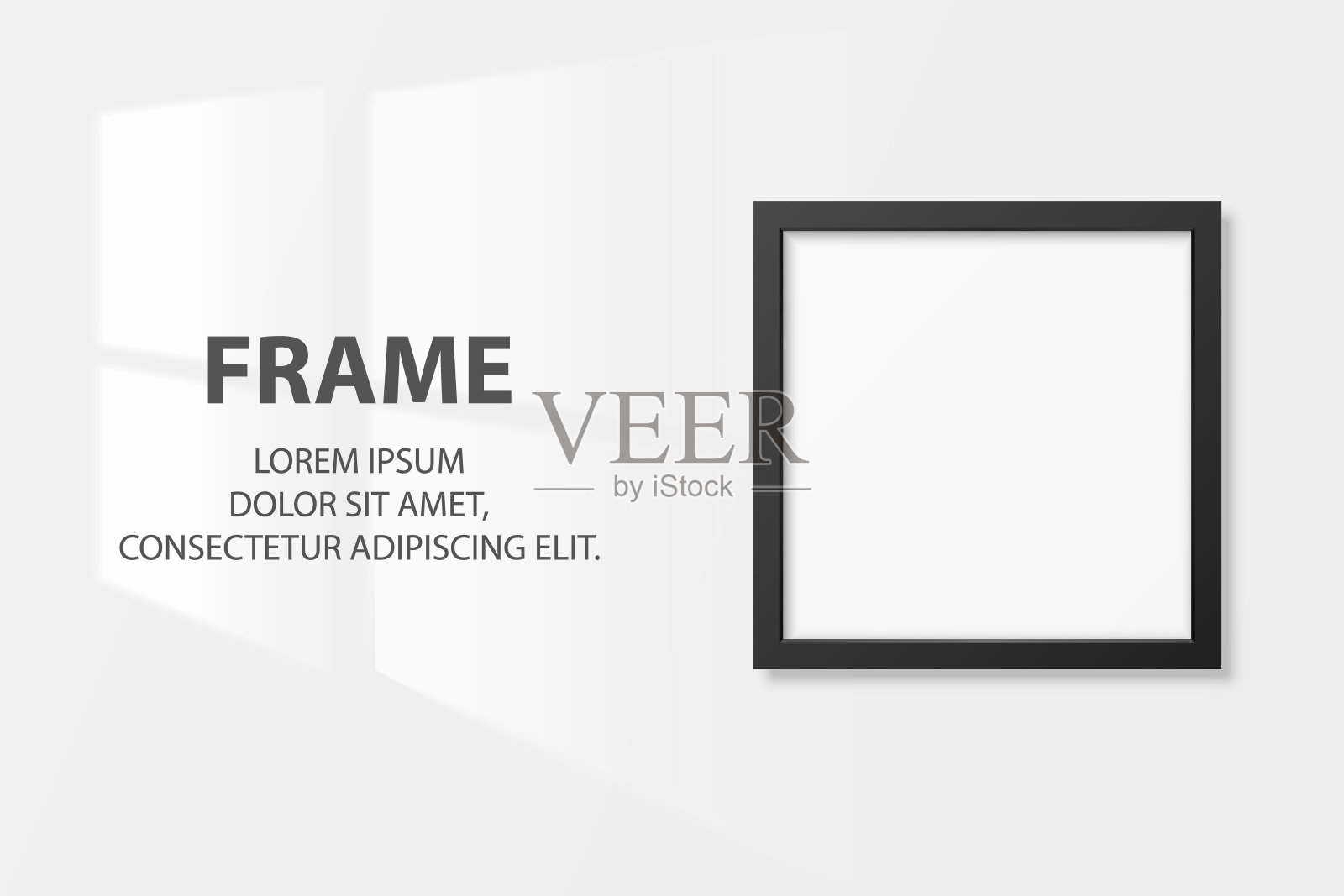 矢量3d现实的黑色正方形木制简单的现代框架图标特写孤立的白色墙壁背景与窗光。它可以用于演示。设计模板，模型，前视图插画图片素材