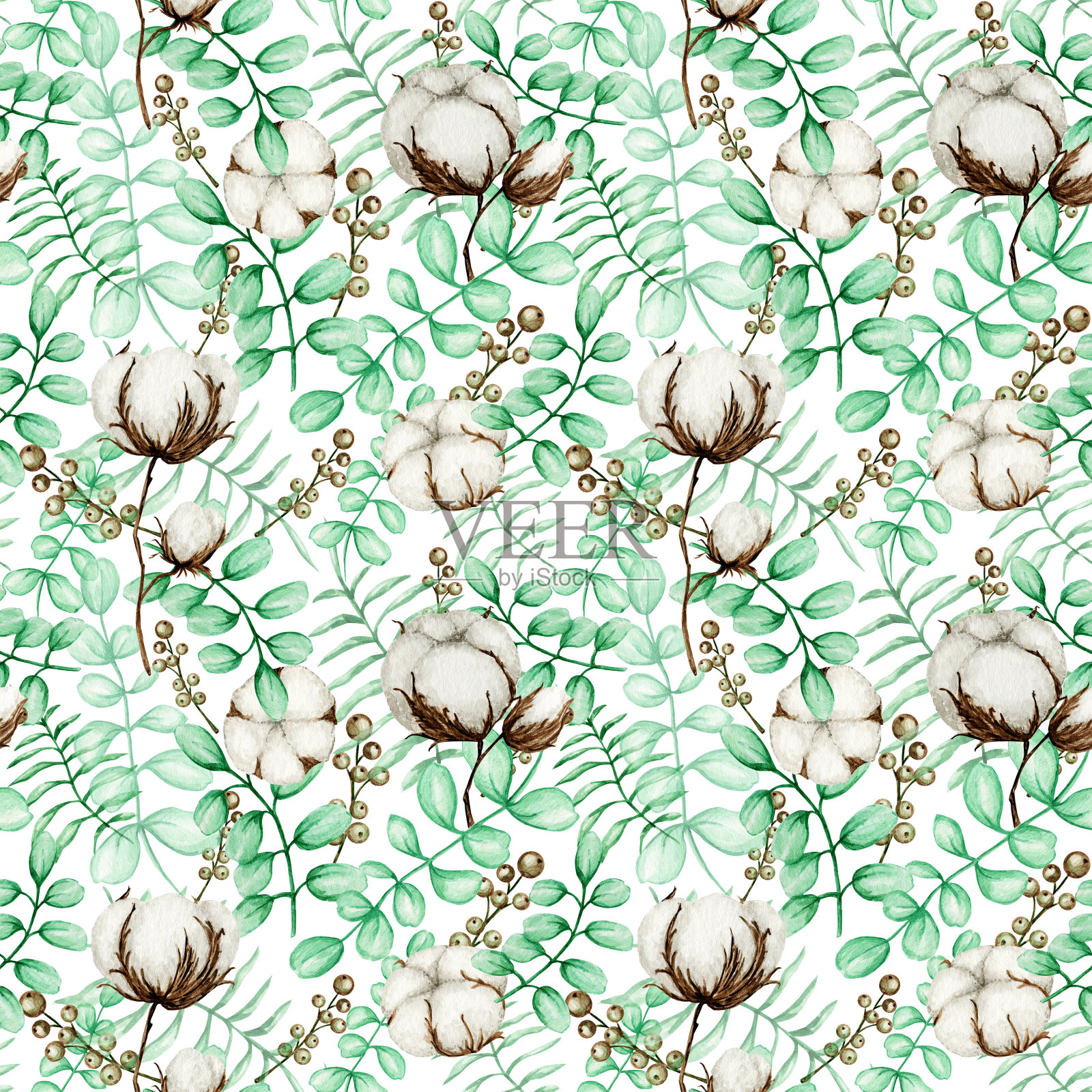 水彩棉花枝无缝图案。植物手绘生态产品插图。棉花花的芽球在复古风格。绿色桉树叶自然织物纹理设计插画图片素材