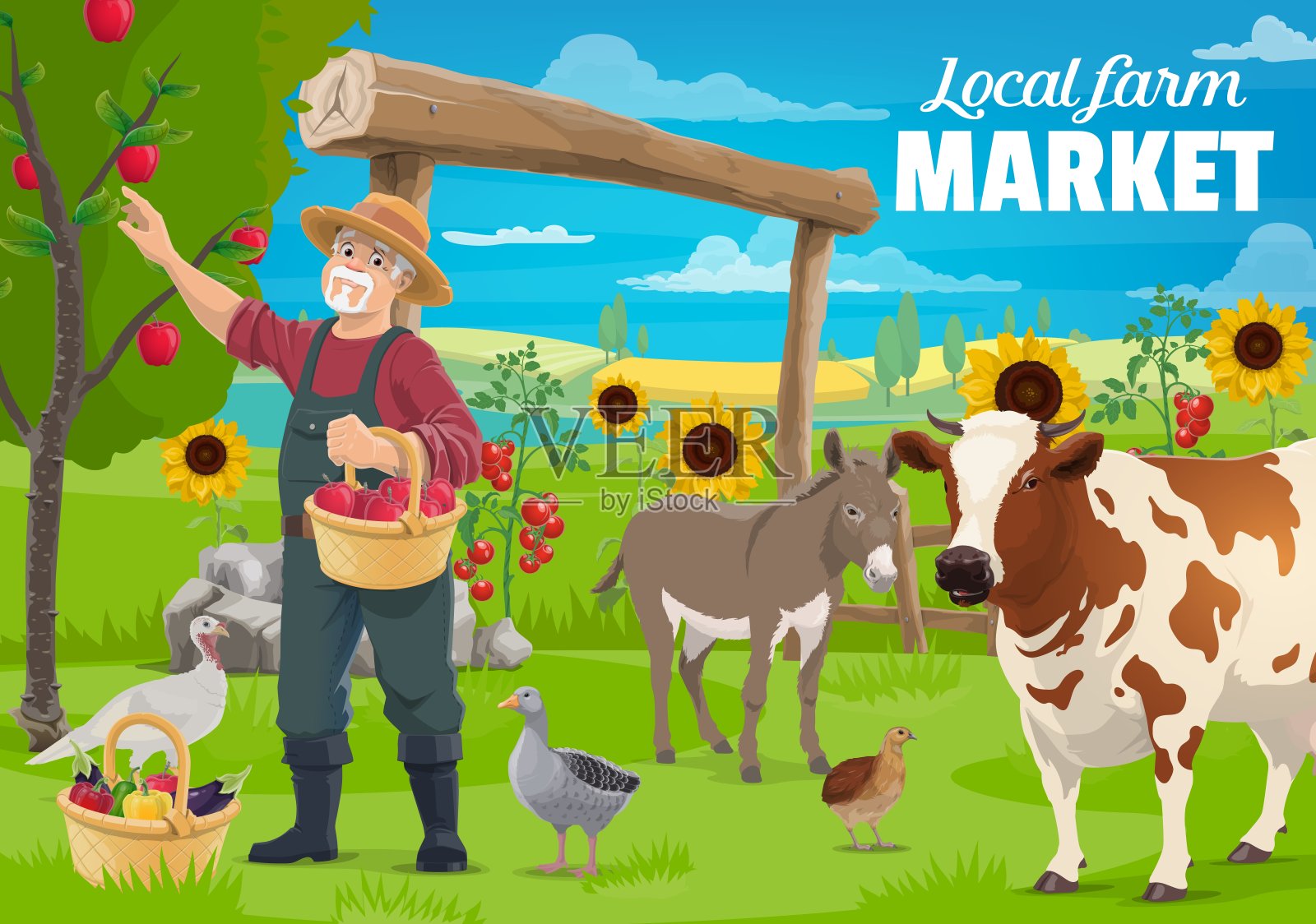 园艺和农业，农民和农场动物插画图片素材