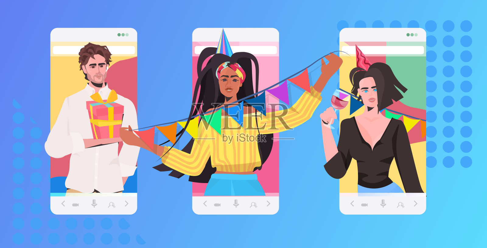 人们庆祝网上聚会混合种族朋友有虚拟有趣的庆祝概念插画图片素材
