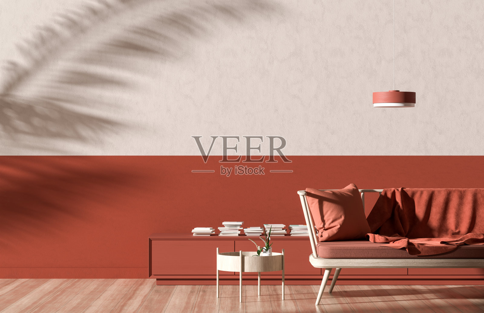 空墙模拟在现代风格的室内木制扶手椅。简约的室内设计。3 d演示。照片摄影图片