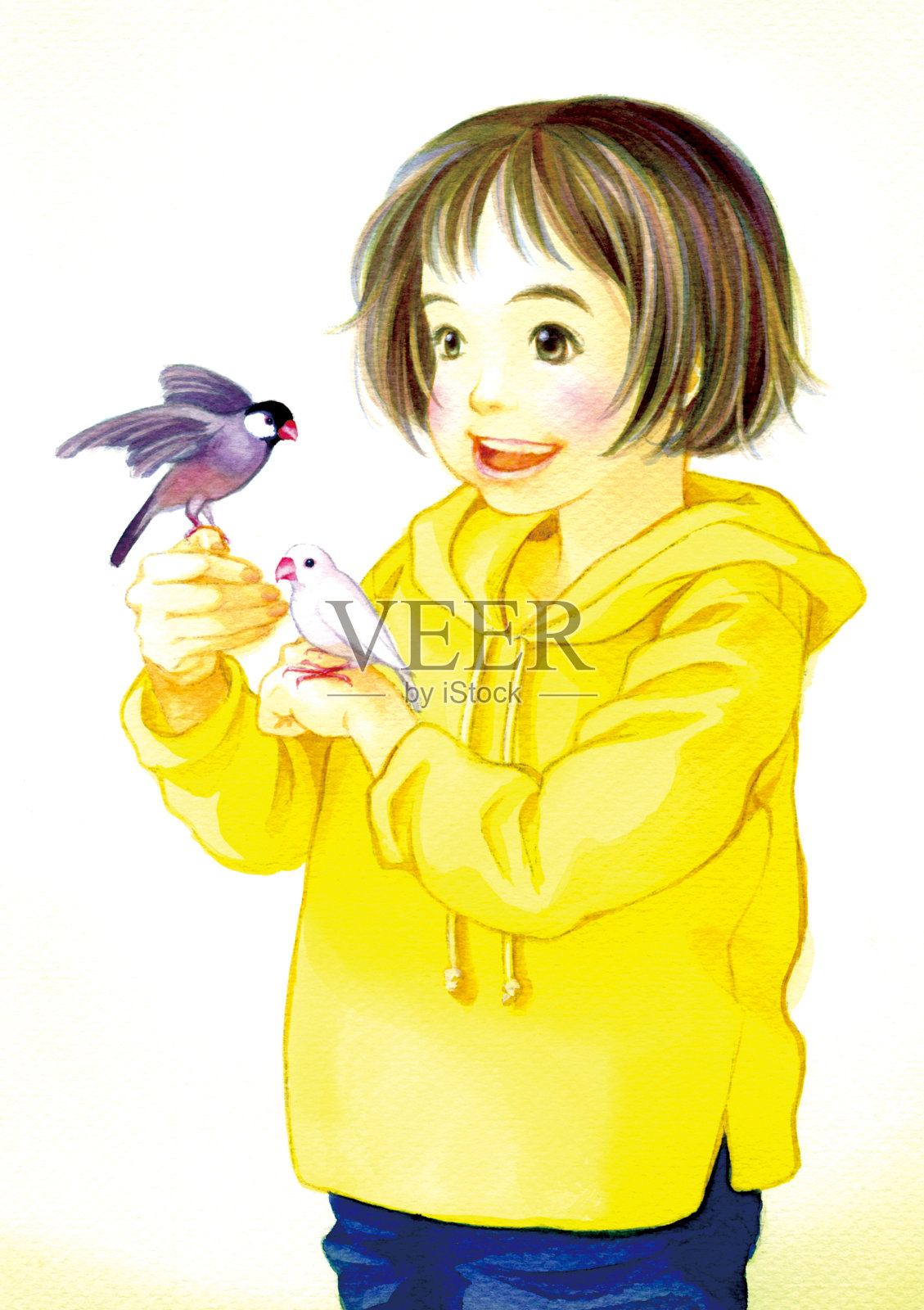 一个手上拿着两只麻雀的小女孩插画图片素材