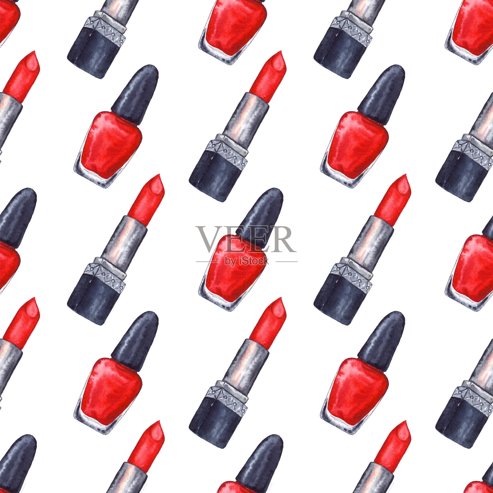 水彩女性的红色唇膏、指甲油、美甲化妆品组成无缝图案纹理背景设计元素图片