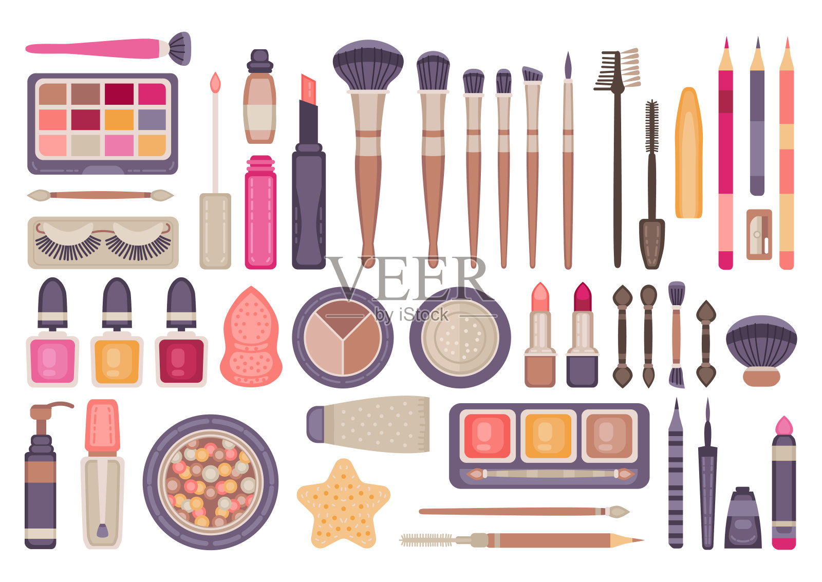 脸部化妆工具组。装饰性化妆品插画图片素材