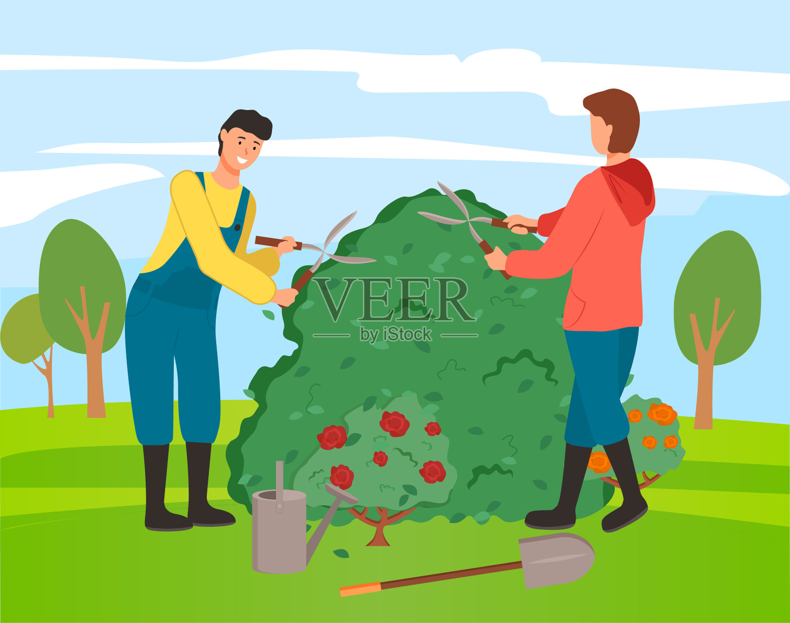 园丁用玫瑰丛耕种人们插画图片素材
