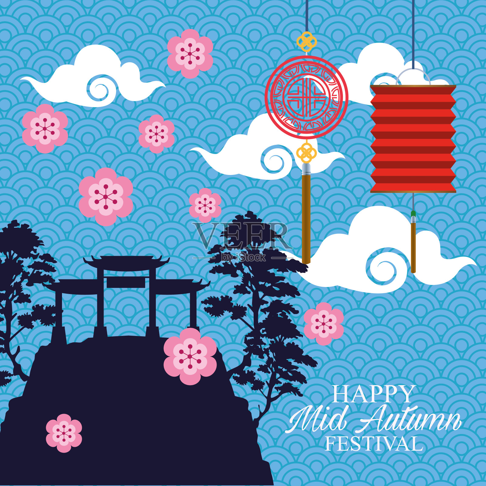 快乐的中秋节日卡挂着灯笼和中国蝴蝶背景图片素材