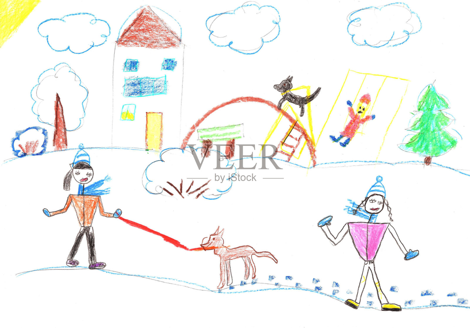 孩子们在圣诞树外玩雪。假期，假期，新年，圣诞节插画图片素材
