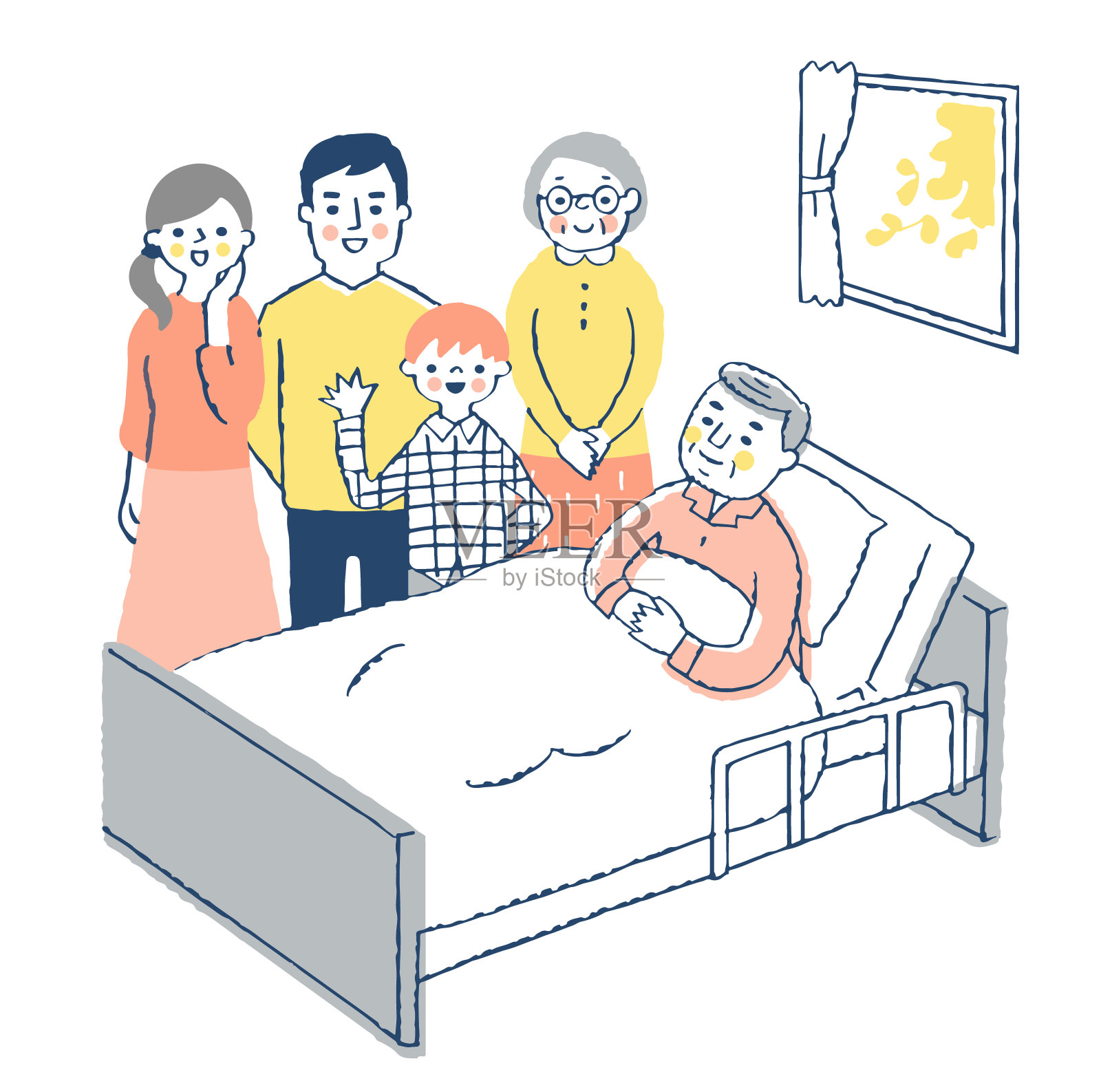 躺在床上的老人和他的家人插画图片素材