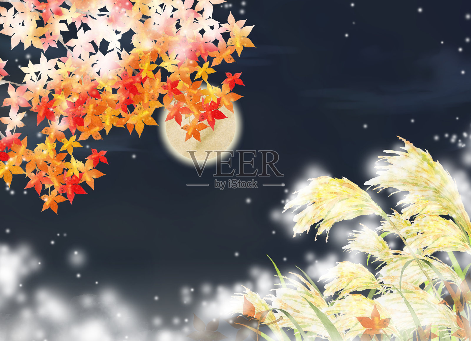 秋天的风景与满月插画图片素材