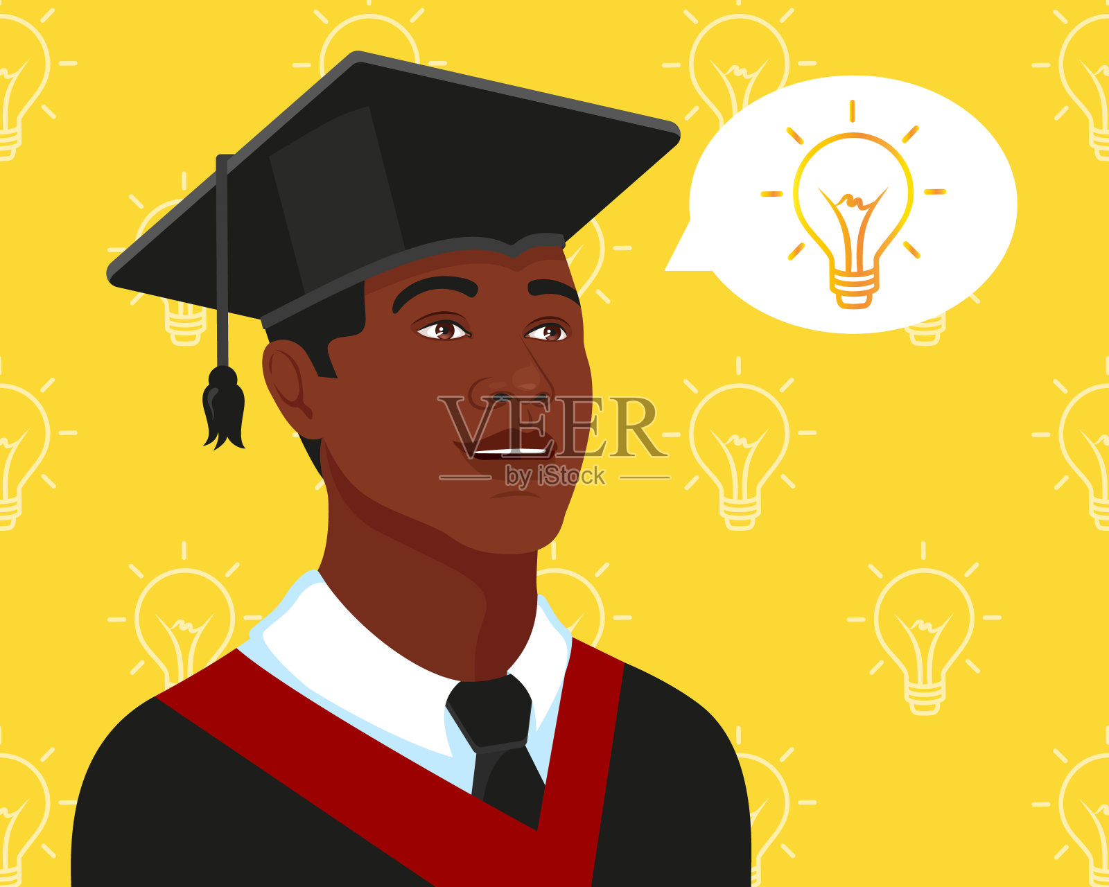 英俊的非裔美国大学生，大学毕业生戴着毕业帽和学位服。科学思想的概念。未来属于教育。黄色背景。插画图片素材