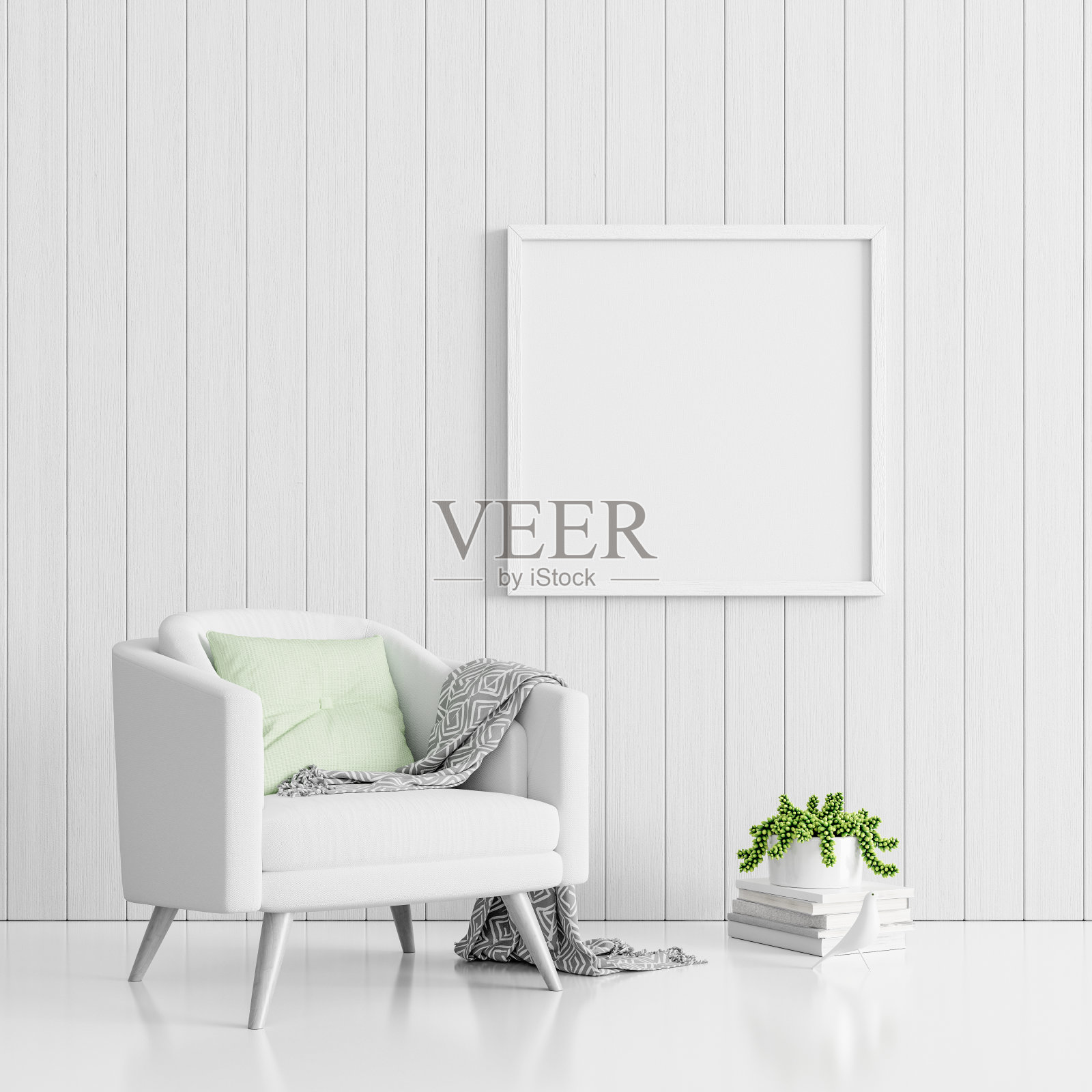 白墙上的海报。白色客厅室内设计与扶手椅和装饰植物花瓶3d渲染照片摄影图片