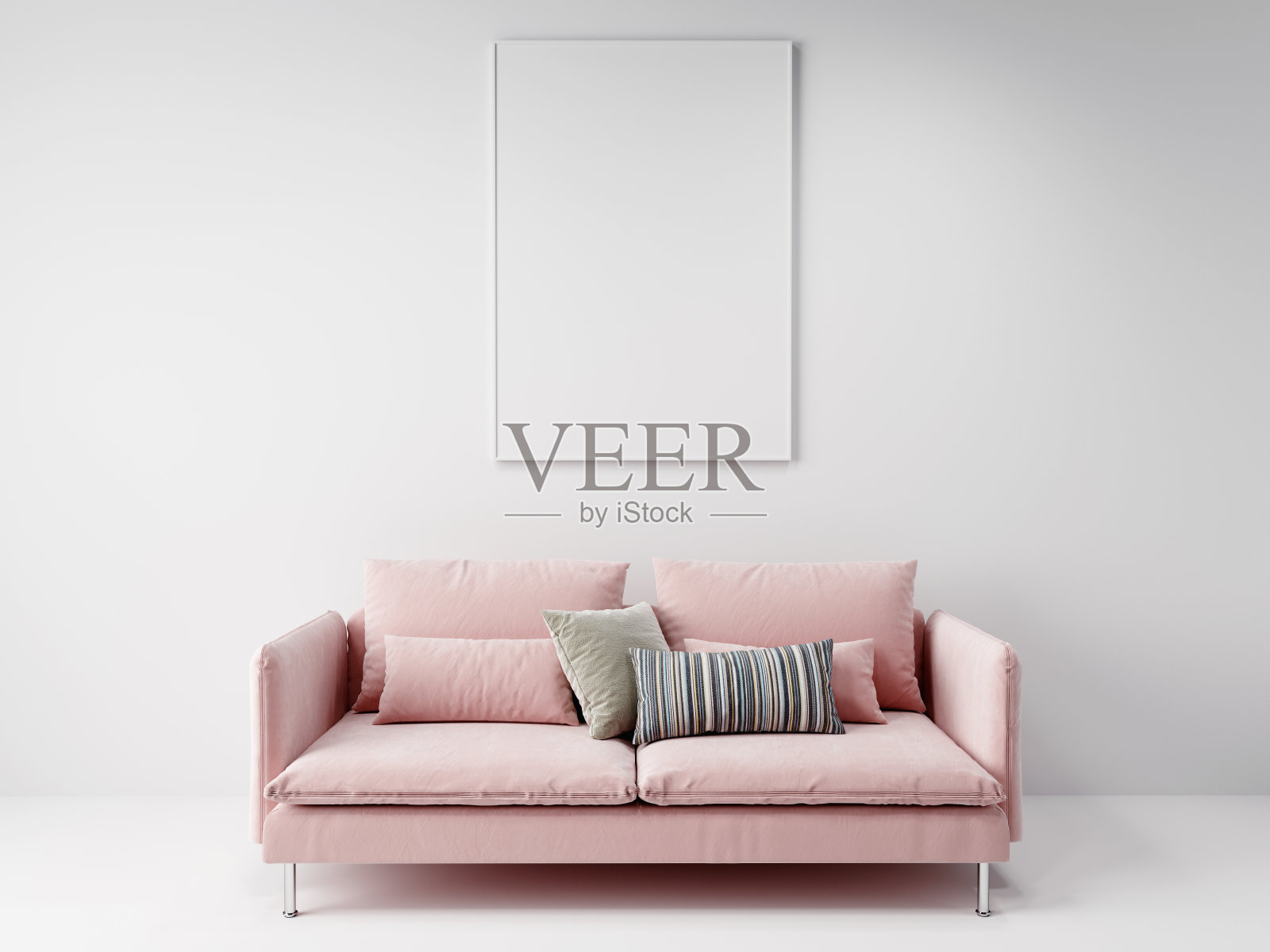 粉色沙发前面垂直的空白模型画框挂在白色的墙上，3D的背景概念照片摄影图片