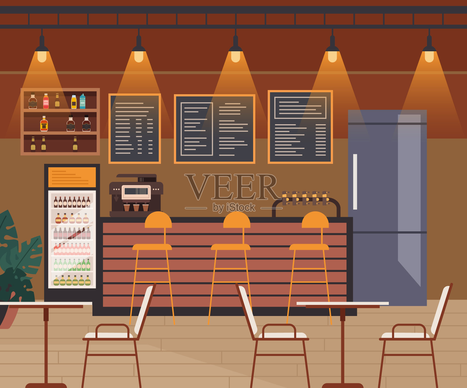 咖啡馆酒吧室内渲染构思设计理念。矢量平面图形简单说明插画图片素材
